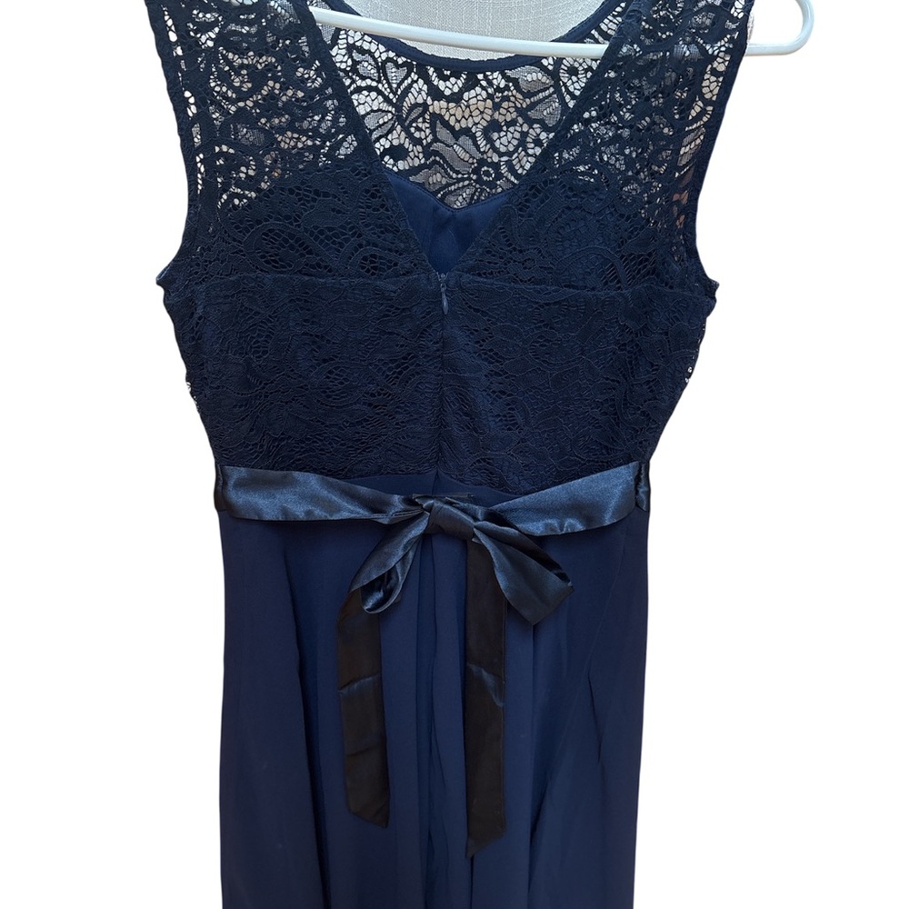 Formal Navy Blue Dress with Satin Bow Lace top and Chiffon Flowing Skirt